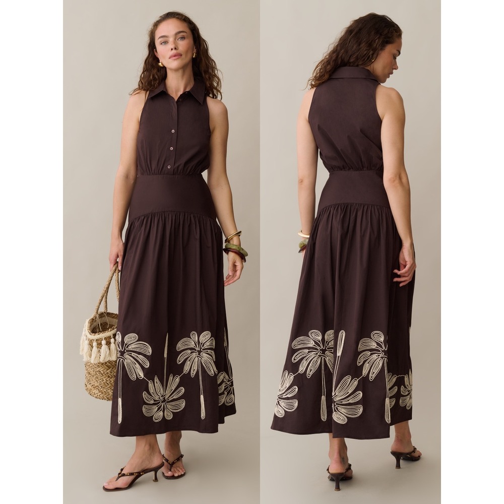 NWT o.p.t Blyss Embroidered Cotton Maxi Dress in Coffee Brown - Size 4